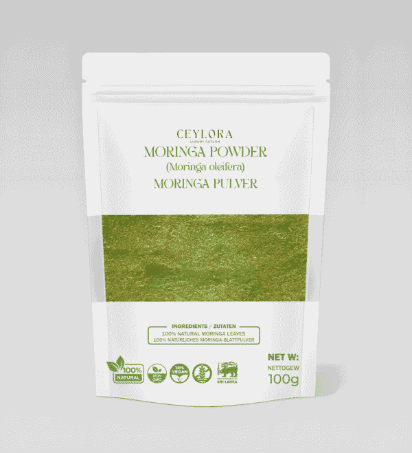 Organic moringa powder in container - natural superfood supplement rich in vitamins minerals and antioxidants"